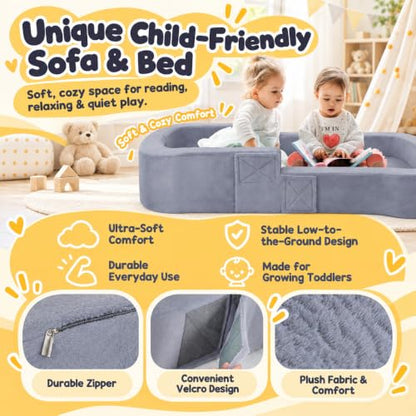 Portable Toddler Travel Bed - Foldable Kids Floor Bed with High Sides, Grey