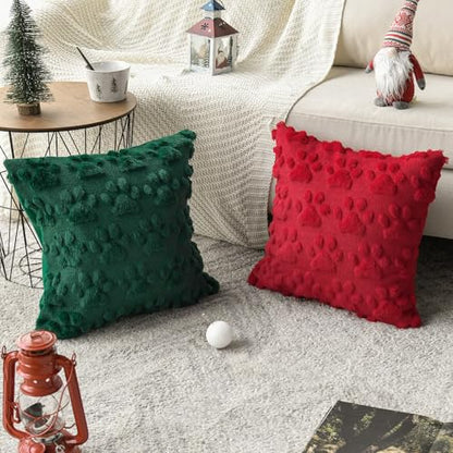 Christmas Pet Dog Paws Throw Pillow Covers 18x18 Inch Set of 2 - Red & Green Faux Fur