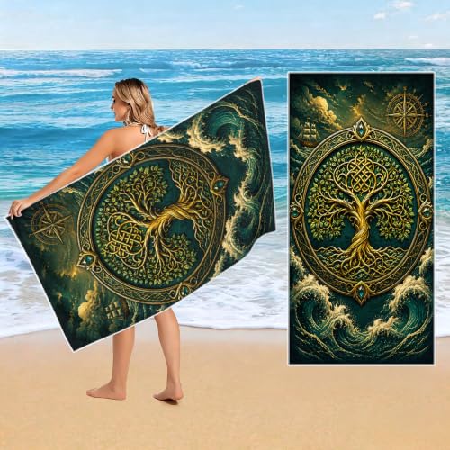 Nordic Viking Waves Tree of Life Beach Towel 36x72 Inches Large Absorbent Quick Dry