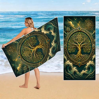 Nordic Viking Waves Tree of Life Beach Towel 36x72 Inches Large Absorbent Quick Dry