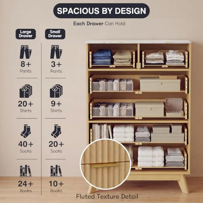 JUMMICO Fluted Tall Dresser - 6-Drawer Chest, 31.5" Wide, Natural