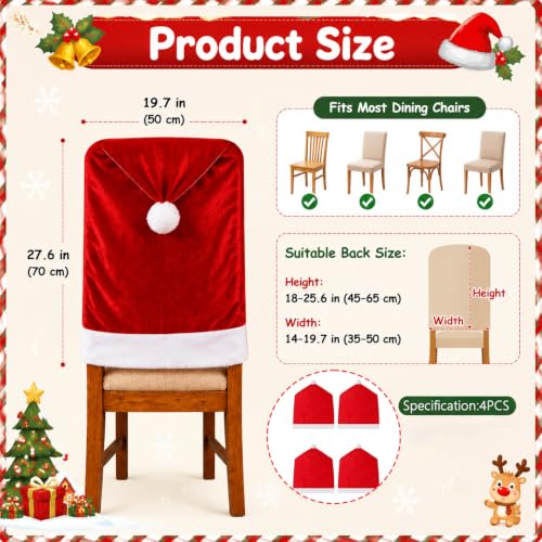4 Pack Christmas Santa Hat Velvet Chair Covers - Festive Holiday Seat Decor