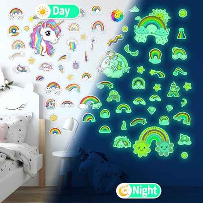 Glow in The Dark Unicorn and Rainbow Wall Decals, Stars Stickers for Baby Girls Room, Luminous Ceiling Decor for Bedroom Playroom Nursery