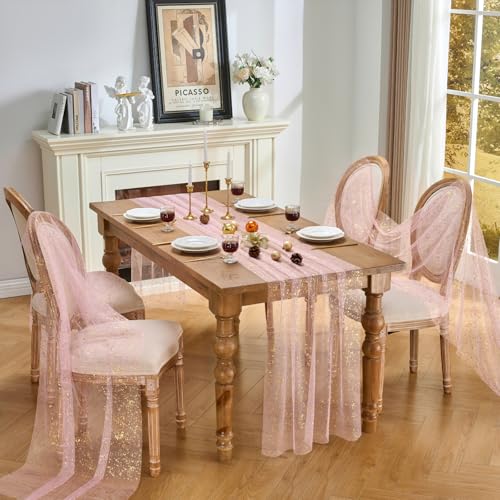 3 Pcs Pink Gold Glitter Tulle Table Runner 10ft for Wedding Party Decor