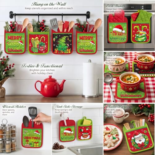 Christmas Pot Holders with Pockets - Red Green Elf Holiday Kitchen Accessories - Funny Variation
