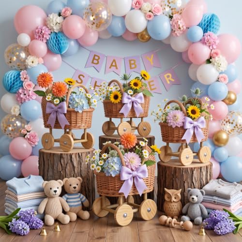 Light Brown 4-Piece Wicker Baby Carriage Set for Baby Shower Decor
