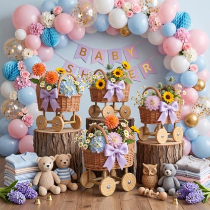 Light Brown 4-Piece Wicker Baby Carriage Set for Baby Shower Decor