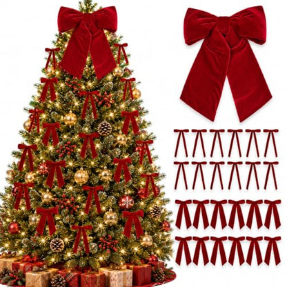 25 Pcs Burgundy Velvet Christmas Bows for Tree Wreath Garland & Gift Wrap