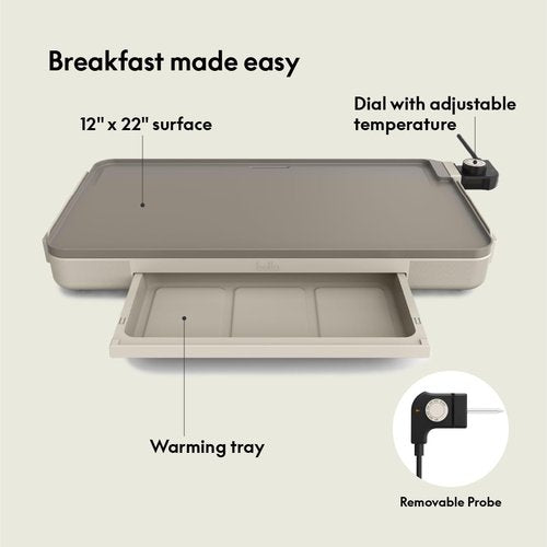 Bella Electric Griddle - 12" x 22" with Warming Tray & Nonstick Coating | 1500 Watt, Oatmilk Color