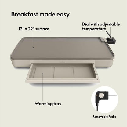 Bella Electric Griddle - 12" x 22" with Warming Tray & Nonstick Coating | 1500 Watt, Oatmilk Color