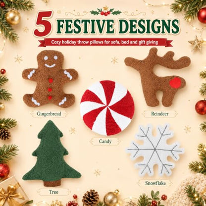 Christmas Throw Pillows 5 Pack - Cute Xmas Tree Candy Gingerbread Reindeer Snowflake Plush Decor - Variation of THIS listing