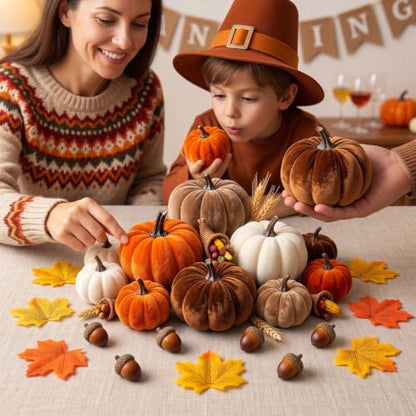 27-Piece Fall Decor Set with Velvet Pumpkins, Maple Leaves & Acorns