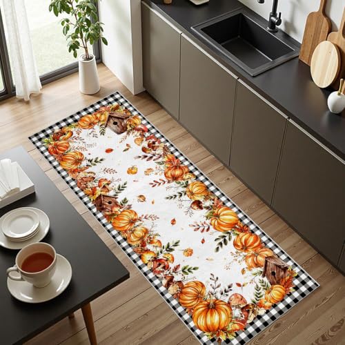 Orange and White Buffalo Plaid Fall Harvest Kitchen Runner Rug 2x6ft - Rustic Leaf Design