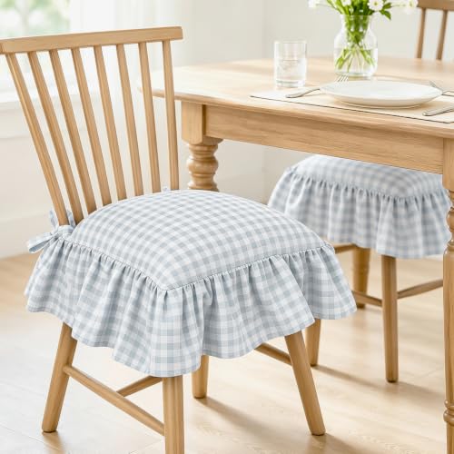 Farmhouse Blue Gingham Ruffle Chair Cushion Covers Set - 4 Pieces