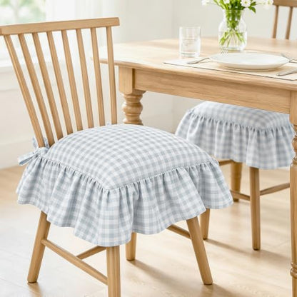 Farmhouse Blue Gingham Ruffle Chair Cushion Covers Set - 4 Pieces