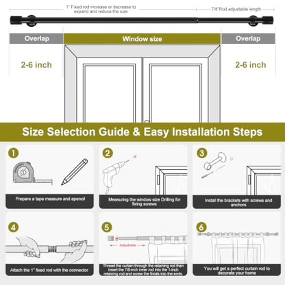 Heavy Duty Steel Curtain Rod, Adjustable 72-86 Inch, Rustic Industrial Black - Includes Mounting Brackets