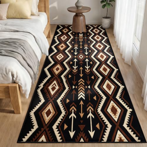 Boho Aztec Runner Rug 4x10 ft Southwestern Tribal Geometric Floor Mat - Black & Earth Tones