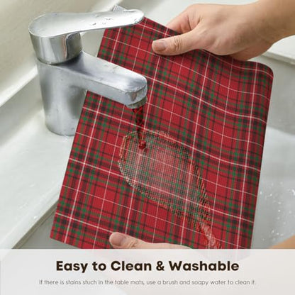 Red Buffalo Plaid Winter Placemats Set of 4 - 12x18 Inch Washable & Heat-Resistant