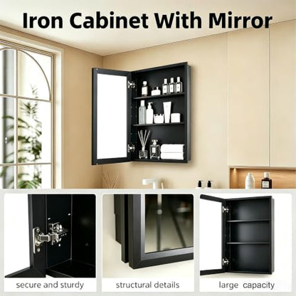 Recessed & Surface Mount Mirror Medicine Cabinet - Moistureproof Black Iron Bathroom Storage, 14x24 Inches