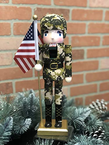 14-Inch Army Nutcracker with Flag - Handcrafted Christmas Decor