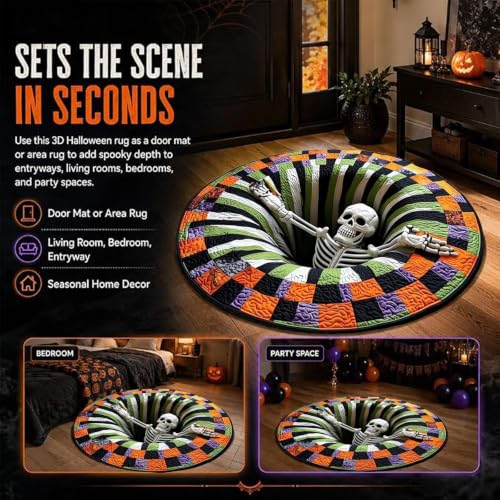 3D Halloween Rug with Skull Variation - Ghost Skeleton Vortex Optical Illusion, Candy Corn Design, Non-Slip, 24 Inch