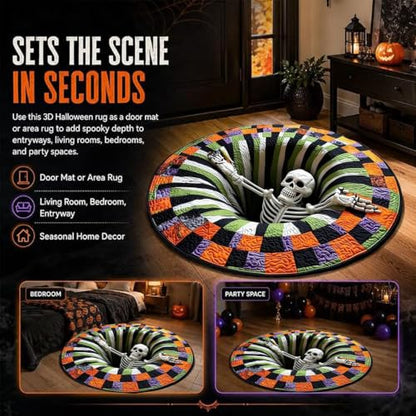 3D Halloween Rug with Skull Variation - Ghost Skeleton Vortex Optical Illusion, Candy Corn Design, Non-Slip, 24 Inch