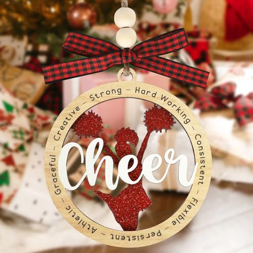 Cheer Christmas Ornament - Wooden Holiday Decor for Cheerleader Gifts - Red, 3.93 Inches - Cheer Variation