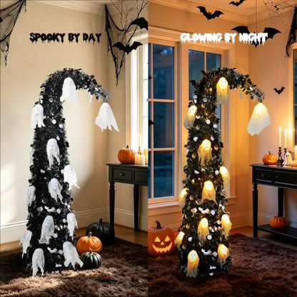 Black Halloween Tree with Ghost Skull Lights - 5ft Pop Up Tinsel Tree - Variation: Ghost Skull