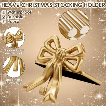 Christmas Stocking Holder Set - Double Gold Bow Cast Iron, 2 Pcs