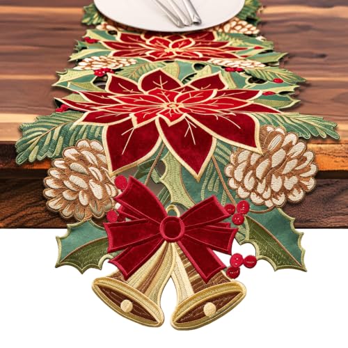Christmas Tree Table Runner 14x36 Inch Red Green Winter Linen Decor - Red Floral Variation