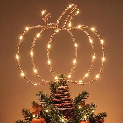 Halloween Pumpkin Tree Topper with LED Lights, Metal Hollow Design, 11.6 Inch