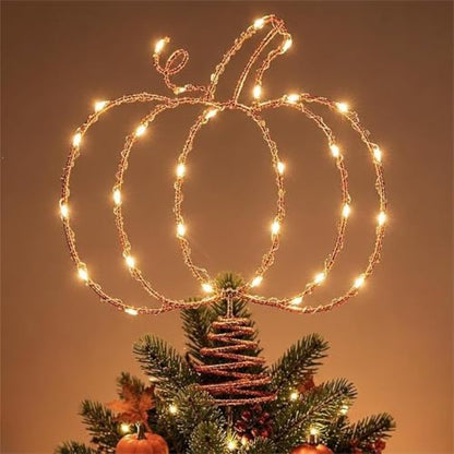 Halloween Pumpkin Tree Topper with LED Lights, Metal Hollow Design, 11.6 Inch