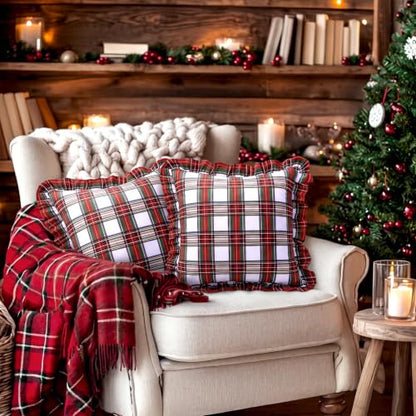 Irenare 2-Pack Christmas Plaid Ruffled Pillow Covers 18x18 in - Red & Green Scottish Tartan, Hidden Zipper