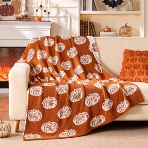 Pumpkin Fall Throw Blanket - Burnt Orange 50x60 with White Pumpkins - Seasonal Decor & Gift
