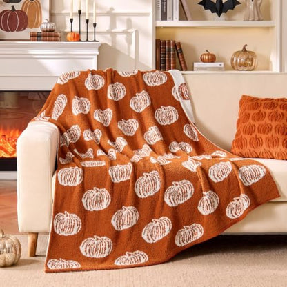 Pumpkin Fall Throw Blanket - Burnt Orange 50x60 with White Pumpkins - Seasonal Decor & Gift