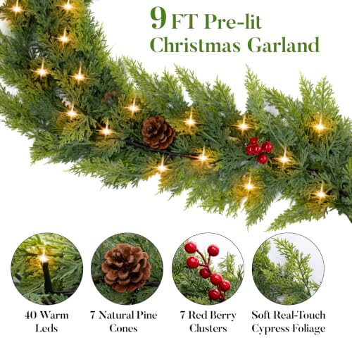 Cedar Green 9FT Prelit Christmas Garland with Lights, Red Berries & Pine Cones