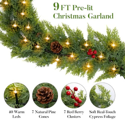 Cedar Green 9FT Prelit Christmas Garland with Lights, Red Berries & Pine Cones