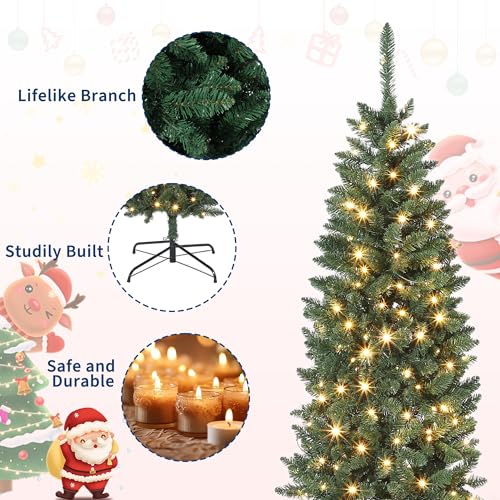 GAOMON 7.5FT Artificial Christmas Tree - Pre-Lit Green Slim Xmas Tree with LED Light & Stand