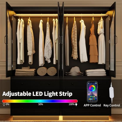 Gyfimoie Tall Armoire Wardrobe Closet with 2 Doors and 3 Drawers - Black Variation