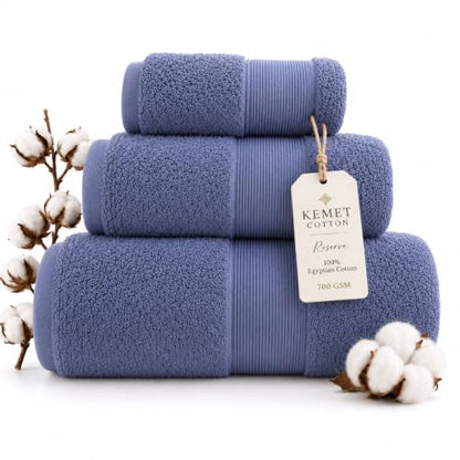 KEMET Luxury Bath Towel Set of 3 Pieces - Blue, Egyptian Cotton, 700 GSM