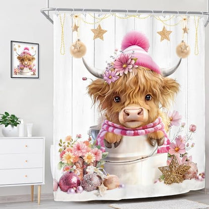 Christmas Highland Cow Shower Curtain Set Pink 72x72 Inches with Hooks - Merry Xmas Farmhouse Bathroom Decor