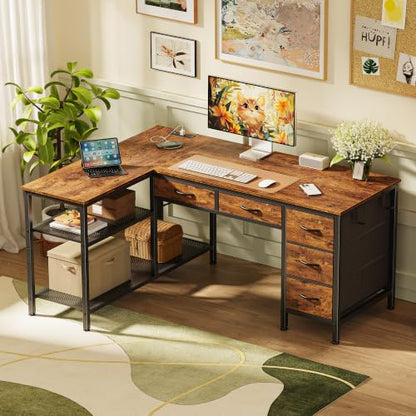 PRAISUN 47-Inch Rustic Brown L-Shaped Desk with Power Outlets & Fabric Drawers