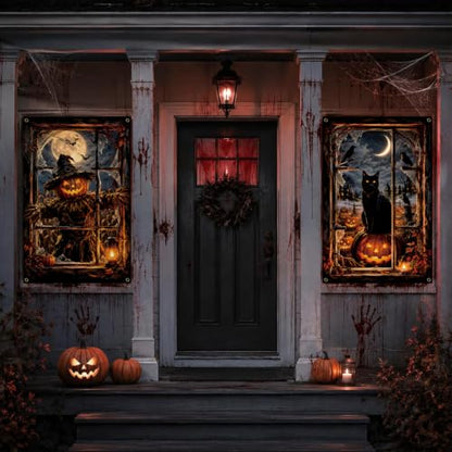 Halloween Window Cover 2PCS Pumpkin Cat Decorations Spooky Home Decor