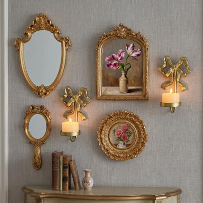 Vintage Gold Mirror Photo Frame Set with Candle Sconces - 6 Pieces