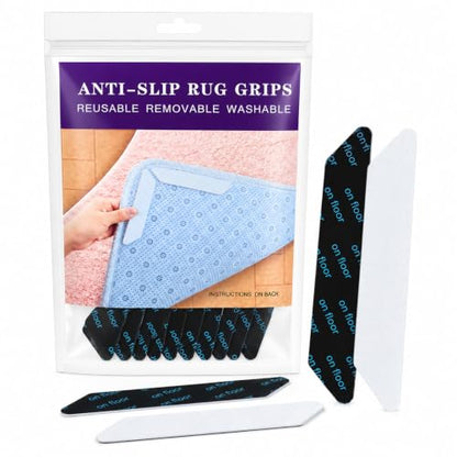 8 Pack Washable Rug Grip Tape - Reusable Double-Sided Carpet Non-Slip Tape for Hardwood & Tile Floors