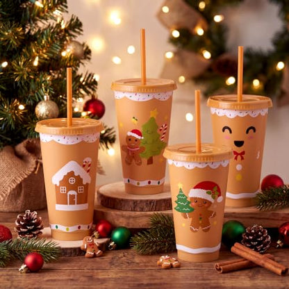 Gingerbread Man Christmas Cups with Lids & Straws - 24 oz, 12 Pack