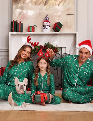 Kids Christmas Pajama Set - Snowflakes Green, Family Matching Sleepwear
