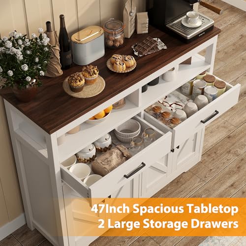 Knoworld White Farmhouse Sideboard Buffet Cabinet with Storage & Shelves - 47"