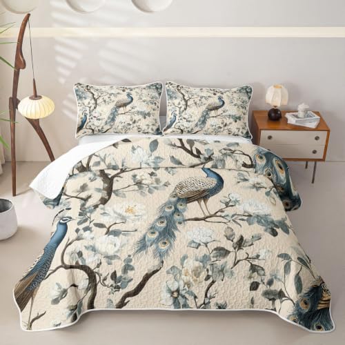 Navy Blue Peacock Flora Quilt Set Full Size Kids Girl Bedroom Decor 3Pcs