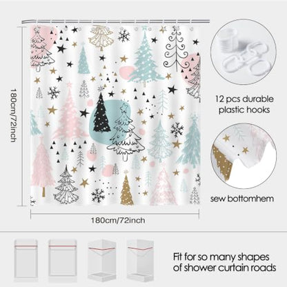 Pastel Christmas Tree Shower Curtain 72x72 Inch Pink Snowflakes Bathroom Decor